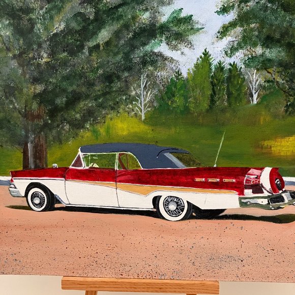 Vintage Original Painting - 1958 Ford Skyliner (?) Unsigned - Picture 2 of 11
